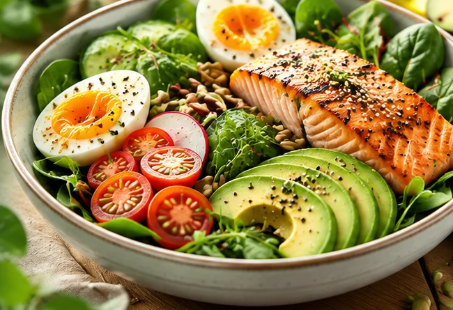 Friss keto tál lazaccal, avokádóval, tojással és zöldségekkel